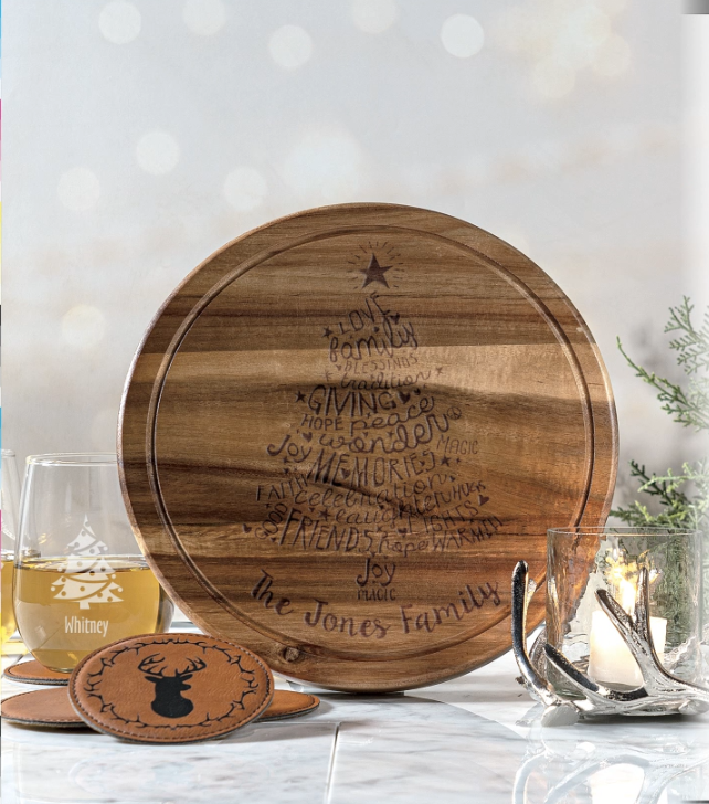 Personalized Christmas Word Tree Cutting board, Deer Coaster, Personalized Stemless Wine Glasses at Lillian Vernon